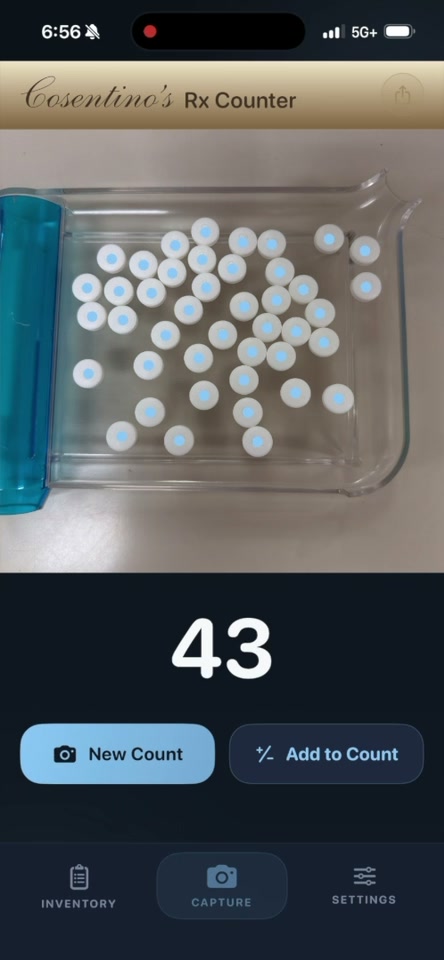 Result screen showing a count of 43 with each pill marked by a dot