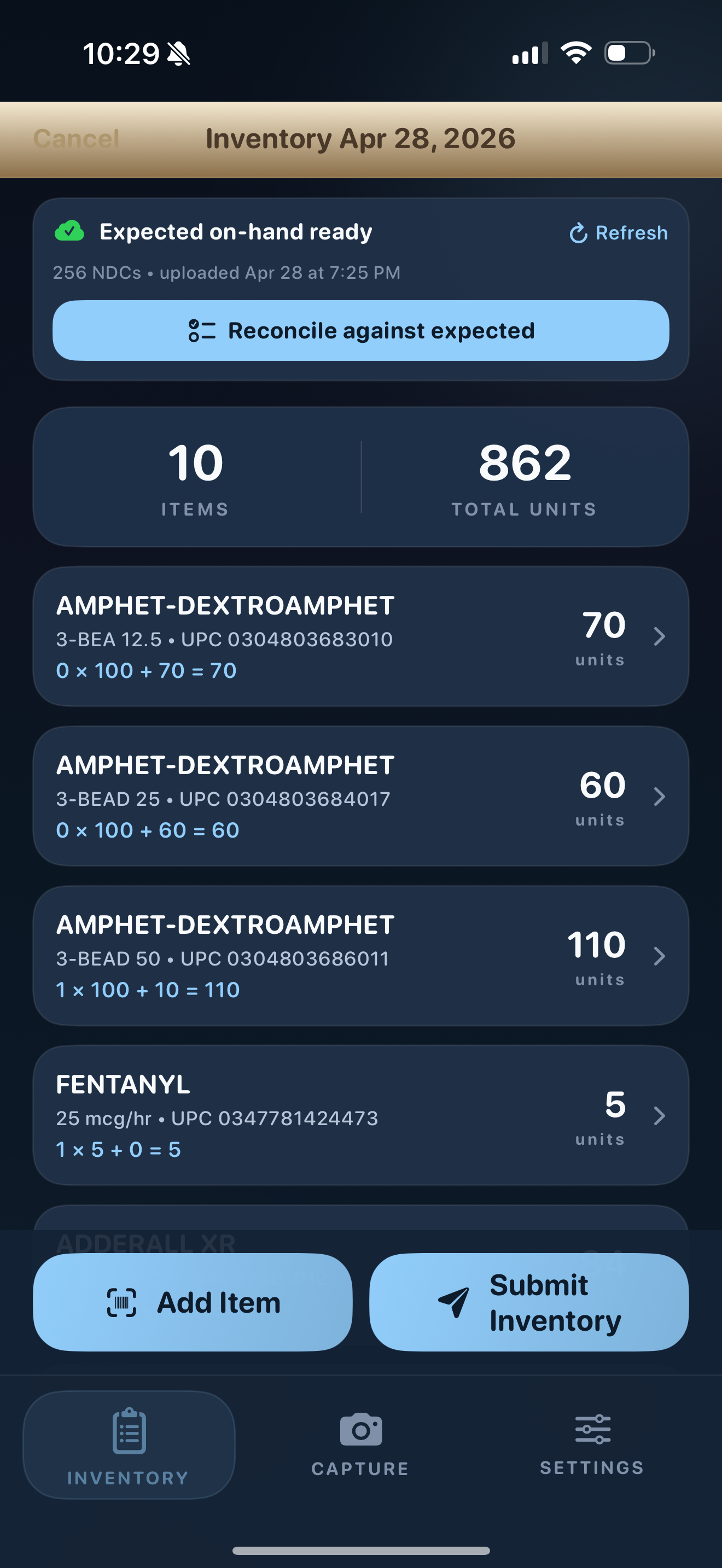 Active inventory session listing items and units counted